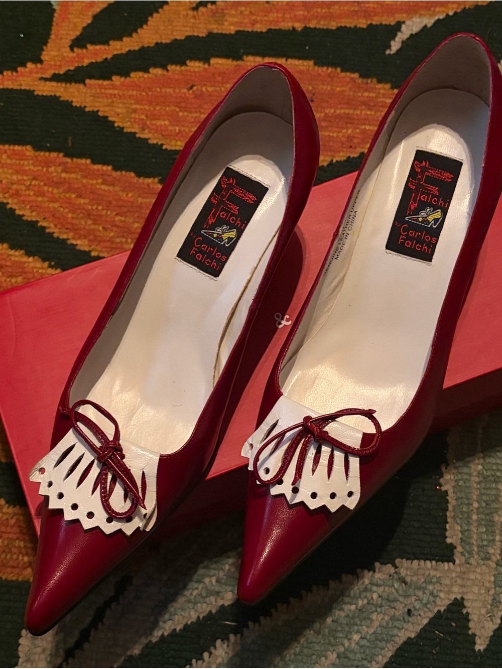Carlos Falchi Red Leather Pointed Pumps with White Fringe Accent 8.5 NEW